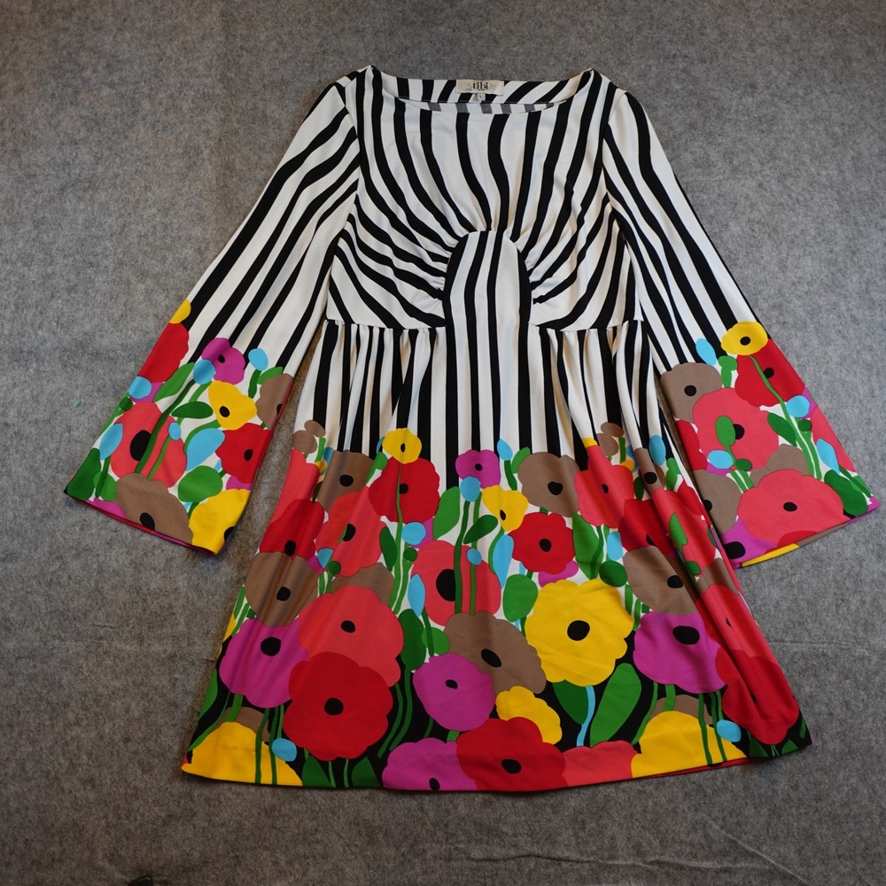 Tibi Dress Women Large Multicolor Striped Floral Bell‎ Sleeve Mini Mod ALine